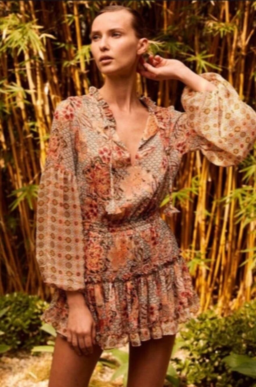 MISA 'Elisabetta' Mini Dress in FLORA TILE MIX (M)